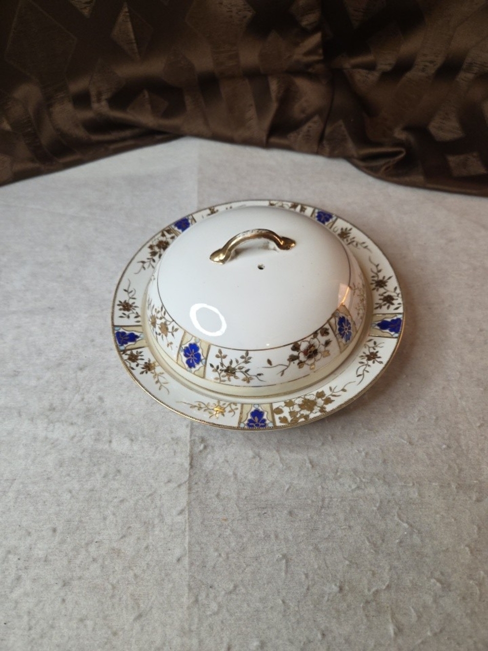 Antique Nippon Maple Leaf Covered Muffin Dish Underplate Gold Cobalt Hand Painte